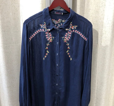 Johnny Was Navy Blue Floral Embroidered Western Shirt size medium