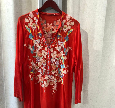 Johnny Was Red Embroidered Long Sleeve Tunic size large