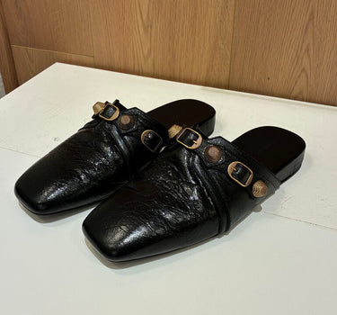 Balenciaga Black Slide Sandals with Gold Accents Size 38