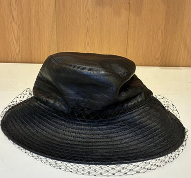 Christian Dior Black Leather Bucket Hat w lace trim detail