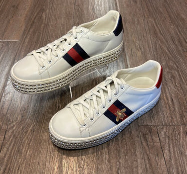Gucci White Calfskin Crystal Web Bee Embroidered Ace Platform Sneakers Size 37