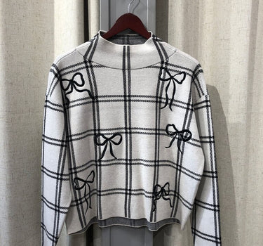 Maeve Grey Plaid Patterned Sweater with Bow Details Size XS