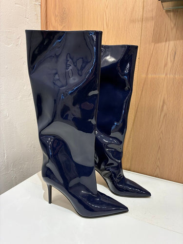 Le Silla Navy Patent Leather Pointed Toe Boots Size 38