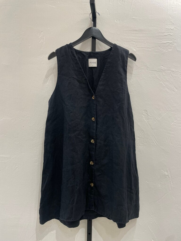 POSSE Nancy Black Linen Button-Up Dress Size XL