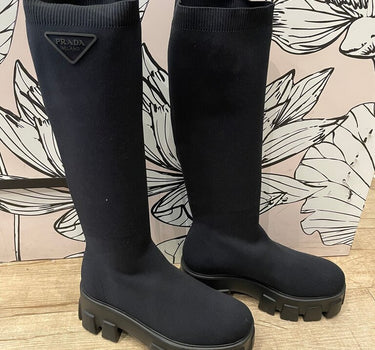 Prada Black Monolith Knee High Sock Boots sz 38