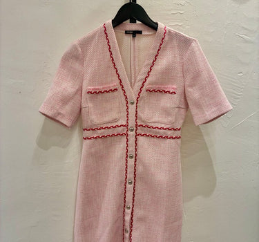 Maje Pink Tweed Dress with Red Trim Size 2