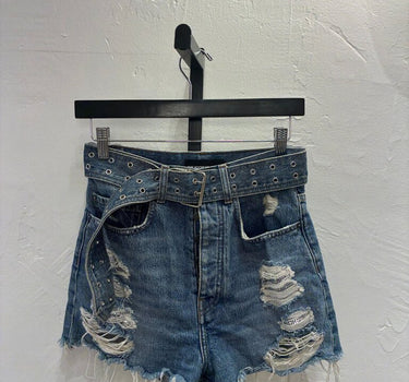 The Kooples Distressed Denim Shorts with Grommet Belt Size 25