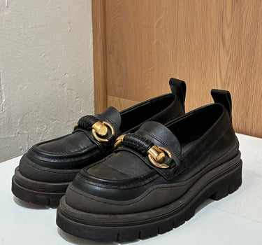 See By Chloe Black Platform Loafers with Gold Accents Size 36