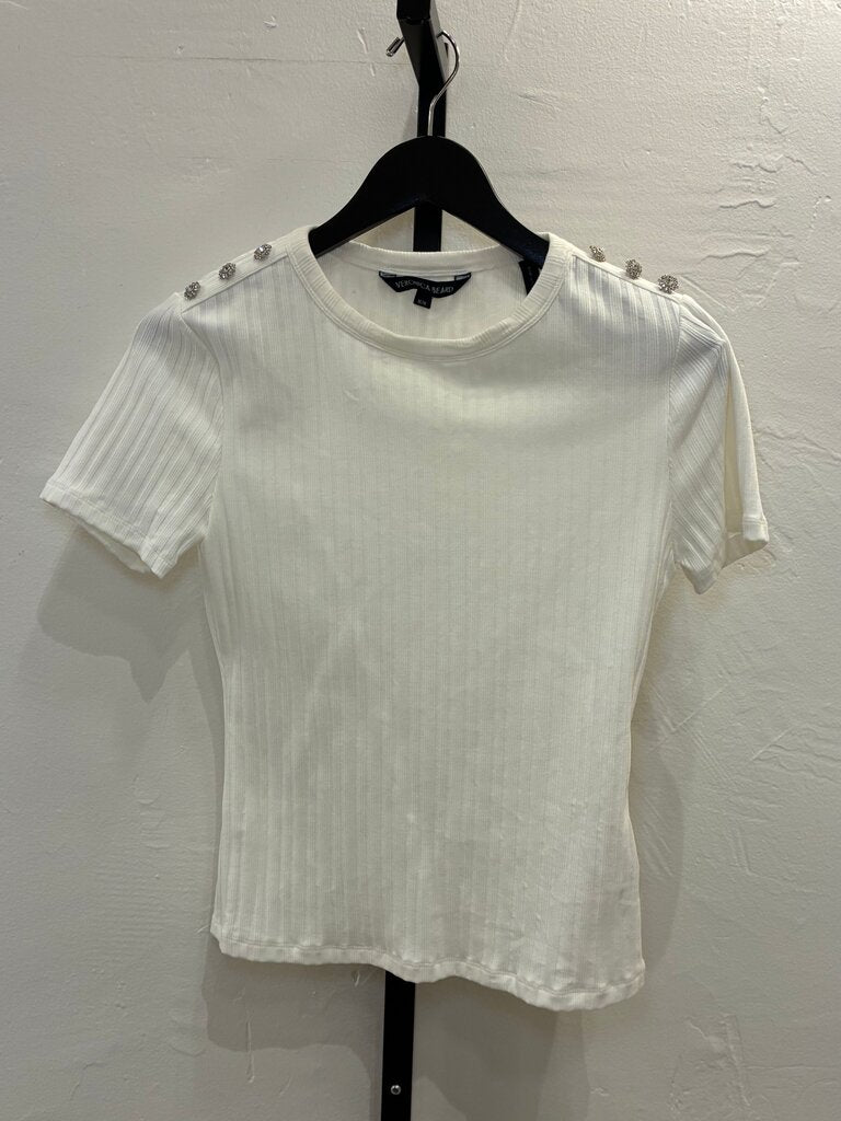 Veronica Beard White Ribbed Short Sleeve Top w/ Rhinestone Detail sz M