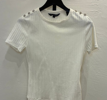 Veronica Beard White Ribbed Short Sleeve Top w/ Rhinestone Detail sz M