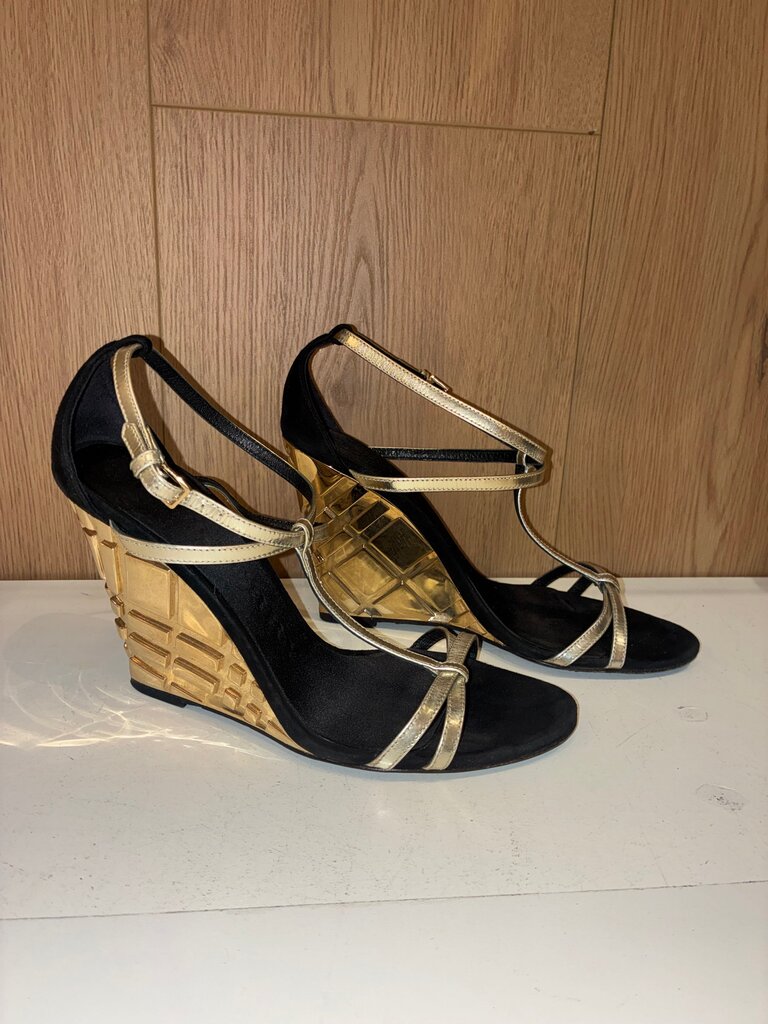 Burberry Black and Gold Wedge Sandals Size 38