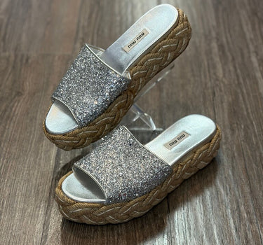 Miu Miu Silver Glitter Slide Sandals -37.5
