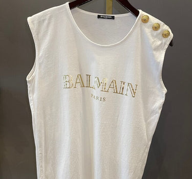 Balmain Paris White Sleeveless Top with Gold Accents