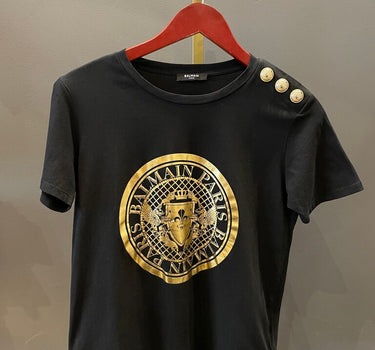 Balmain Black Graphic Tee with Gold Logo