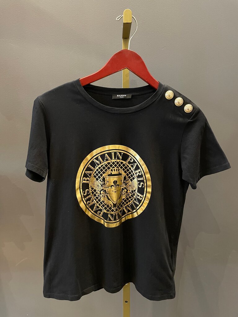 Balmain Black Graphic Tee with Gold Logo