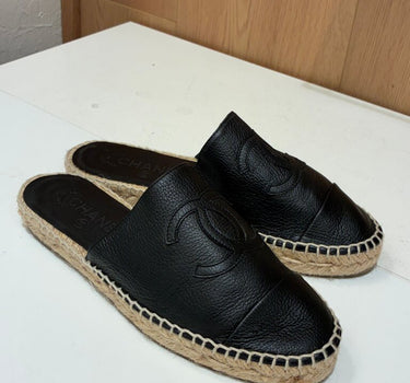 Chanel Black Espadrille Slide Sandals sz 37