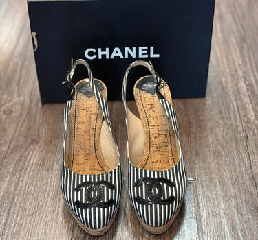 Chanel Striped Slingback Heels Size 38.5
