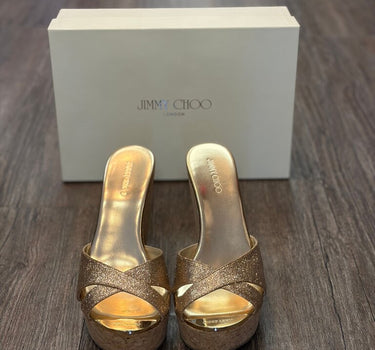Jimmy Choo Gold Glitter Platform Wedge Sandals Size 38.5