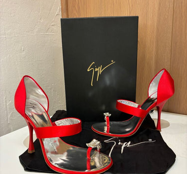 Giuseppe Zanotti Red Satin Pumps with Crystal Detailing Size 37.5