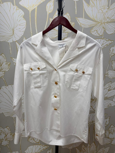 Chanel Boutique Vintage White Button-Up Shirt, 24k gold, S/M