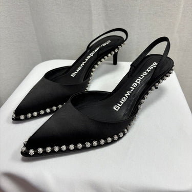 Alexander Wang Black Satin Slingback Heels with Rhinestones