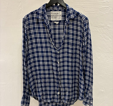 Navy Blue and White Plaid Button-Up Shirt