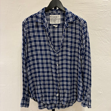 Navy Blue and White Plaid Button-Up Shirt
