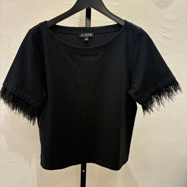 J.Crew Black Short Sleeve Shirt with Feather Trim