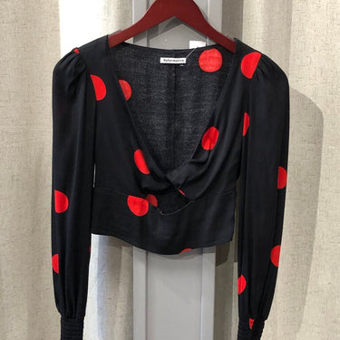 Reformation Black and Red Polka Dot Long Sleeve Top