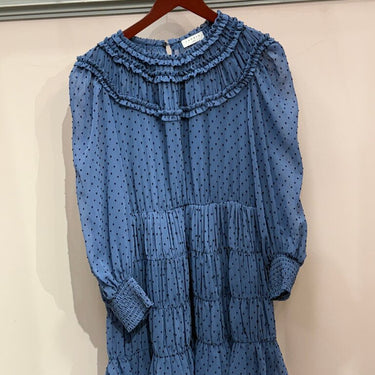 Sandro Paris Blue Ruffled Dress with Polka Dots