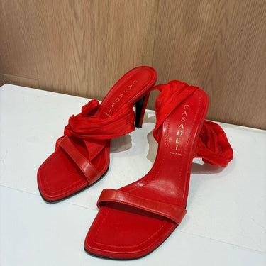 \Casadei Red Square Toe Mesh Wrap Heels Size 8