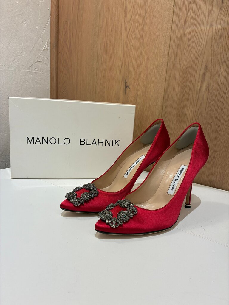 Manolo Blahnik Red High Heels with Crystal Detail