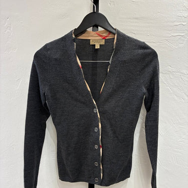 Burberry Wool Knit Cardigan with Plaid Trim