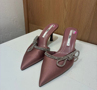 Zara Pink Satin Heeled Mules with Rhinestone Bow