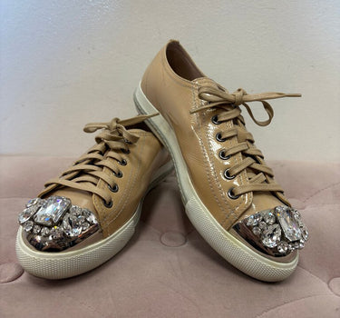 Miu Miu Beige Sneakers with Gemstone Embellishments