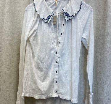 Free People White Button-Up Top with Embroidered Collar
