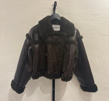 Stand Studio Brown Faux Leather Jacket with Shearling Trim