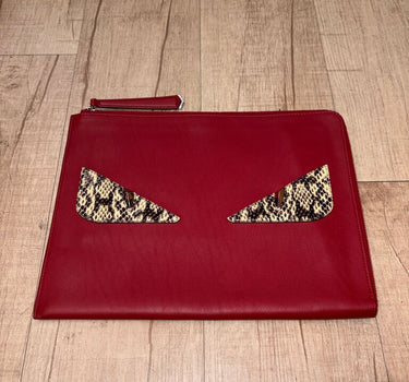 Fendi Red Leather Clutch with Snake Print Details