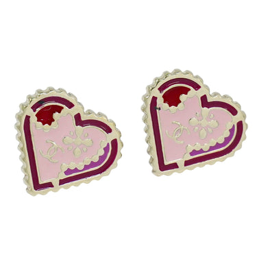 Chanel CC Heart Cut Out Stud Earrings Metal with Crystals