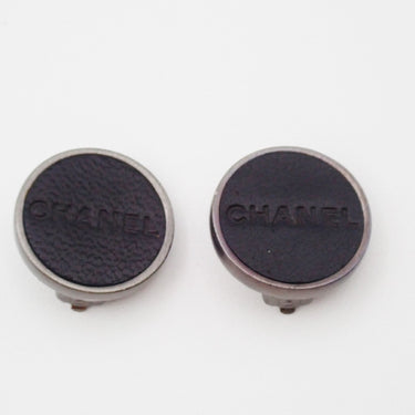 Chanel Vintage CC Round Button Clip-On Earrings Metal and Leather