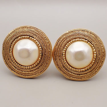 Chanel Vintage Round Clip-On Earrings Metal with Faux Pearl