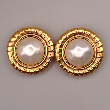 Chanel Vintage Round Clip-On Earrings Metal with Faux Pearl